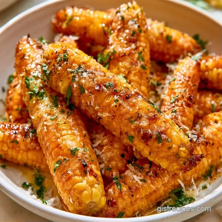 Charred corn cobs resting on a white platter, drizzled with melted butter and sprinkled with white cheese and herbs.