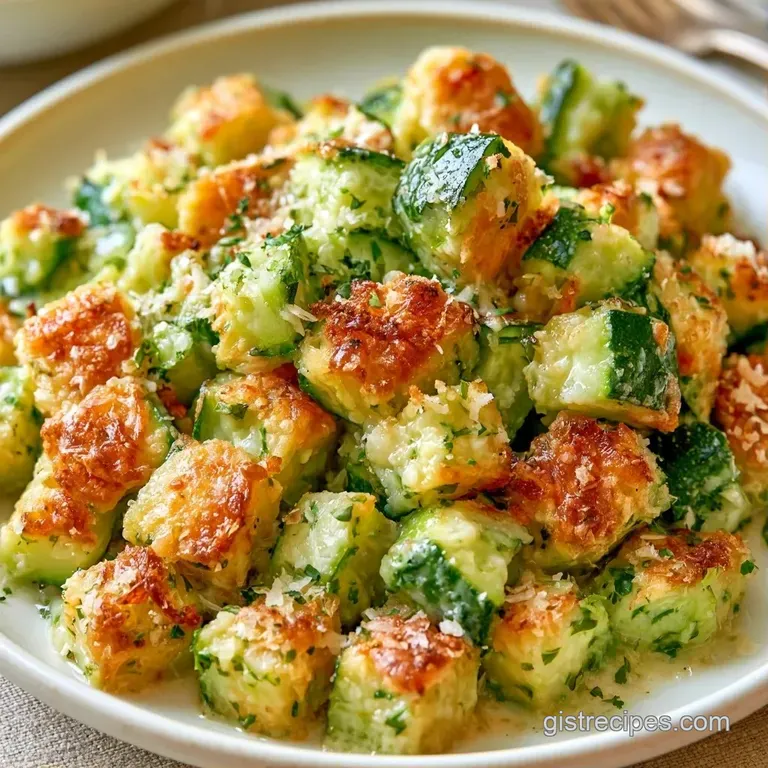 A square slice of cheesy zucchini bake on a white plate, garnished with fresh parsley and cracked black pepper.