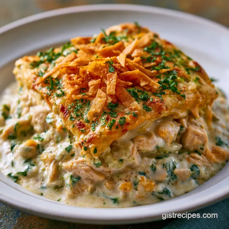 A neat scoop of creamy chicken and green chiles on a white plate, topped with sliced scallions and a lime wedge.