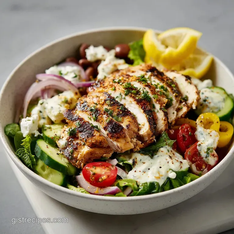 Perfectly plated grilled chicken salad. Charred grill marks visible on the juicy chicken, contrasting with the fresh, brig...