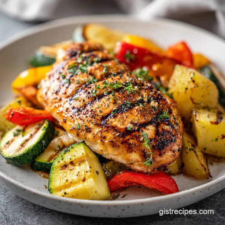 Perfectly grilled chicken breast alongside vibrant roasted vegetables arranged on a white plate, offering a healthy and vi...