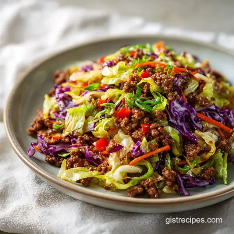 Savory ground beef and cabbage generously served in a rustic bowl, garnished with fresh herbs.