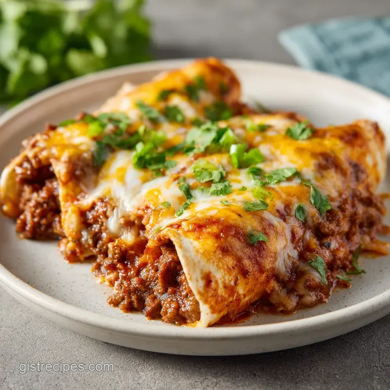 A perfectly plated enchilada glistening with sauce, revealing a savory ground beef filling and a sprinkle of cheese and he...