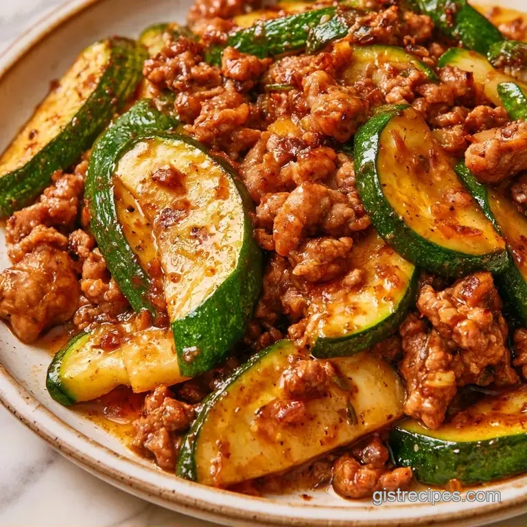 A neat square slice of cheesy beef and zucchini bake on a white plate, garnished with a sprig of fresh parsley.