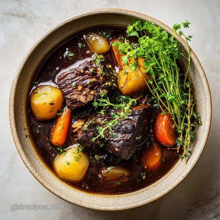 Braised short rib stew served over creamy mashed potatoes with a bright, fresh herb garnish. Elegant and comforting, a dee...