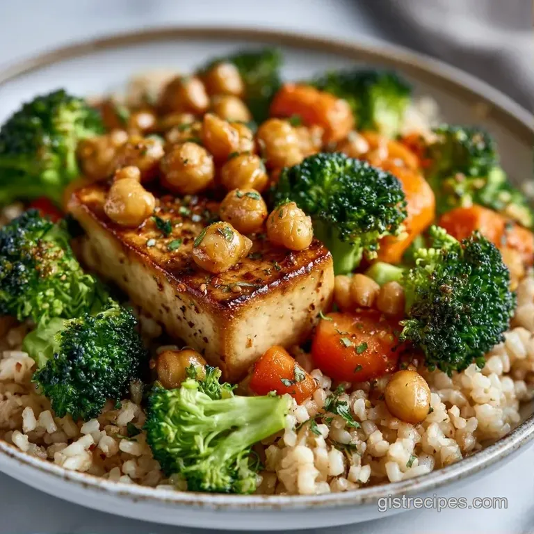 A white ceramic bowl filled with neat piles of orange carrots, green edamame, and seared tofu over fluffy rice.