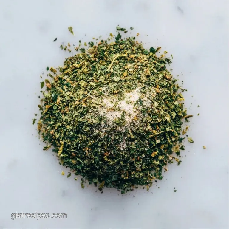 A clear glass jar filled with textured green herb blends next to scattered dried oregano and basil leaves.