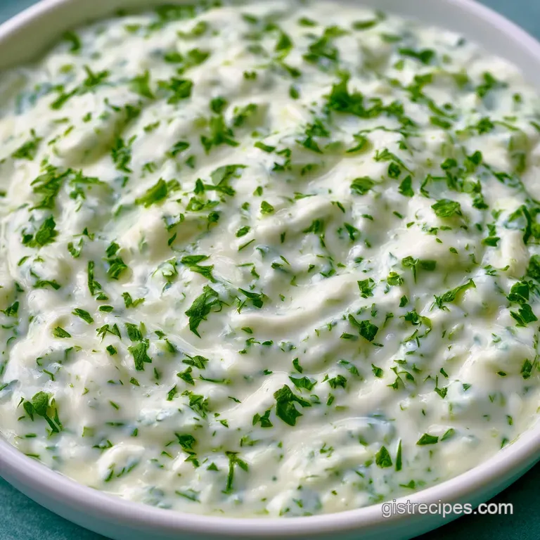 A smooth, white creamy dressing in a ceramic ramekin, accented by a fresh herb garnish on a clean marble background.