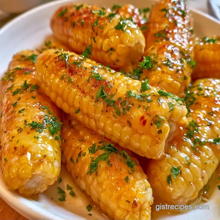 A refined mound of glistening yellow corn kernels served in a small bowl with a side of melted golden butter.