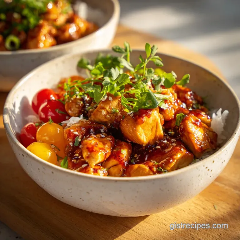 Honey-glazed chicken pieces artfully arranged on fluffy rice, garnished with sesame seeds and vibrant green scallions.