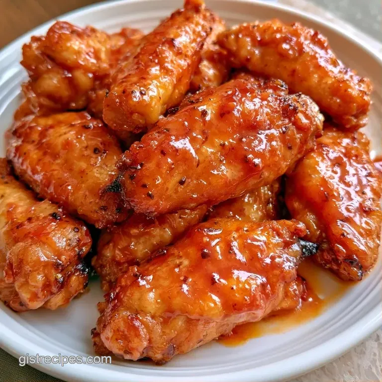 Pile of sticky, red-glazed chicken wings on a slate board, garnished with bright green scallions and sesame seeds.