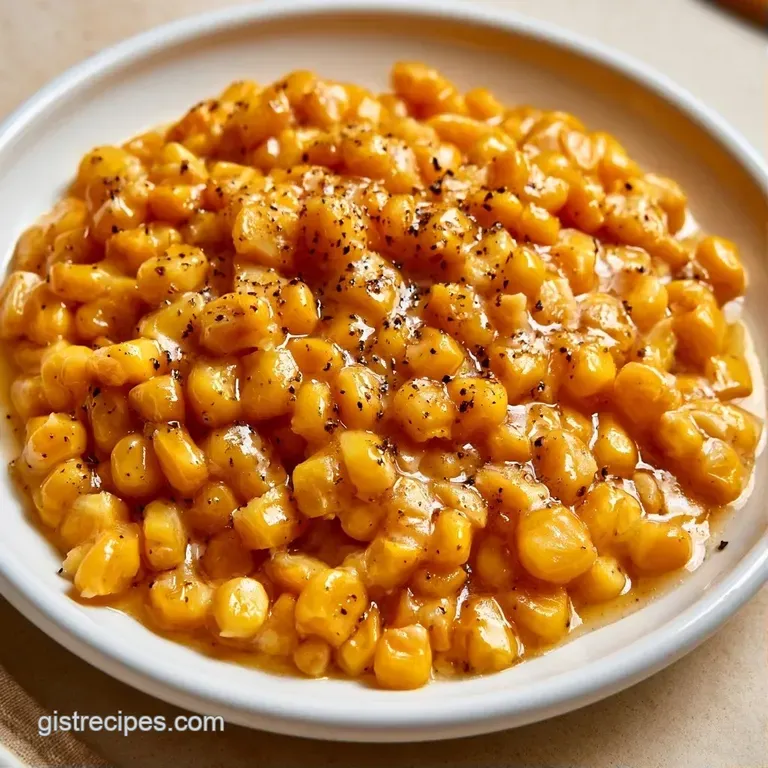 Vibrant golden corn kernels served in a white ceramic bowl, garnished with a sprig of fresh green parsley.