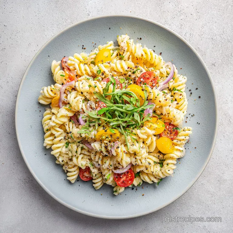 An artfully arranged portion of pasta salad on a white plate, topped with fresh parsley.