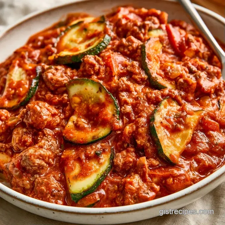 A square slice of cheesy beef and zucchini bake on a white plate, garnished with a sprig of fresh parsley.