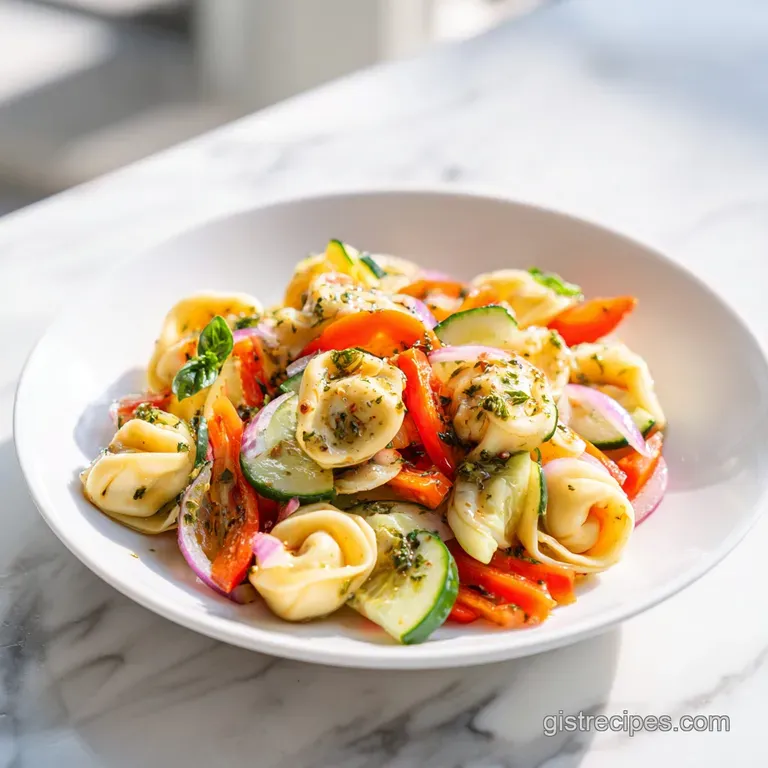 Tortellini salad elegantly plated. Glossy tortellini, crisp greens, and a drizzle of dressing create a visually appealing ...