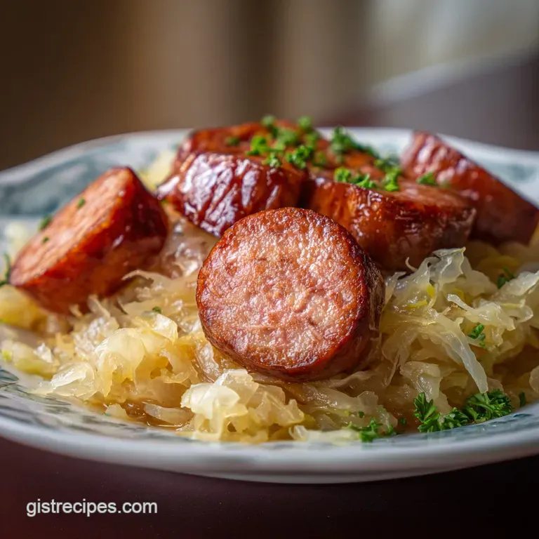A rustic plate brimming with juicy kielbasa and steaming sauerkraut, accented with crusty bread and coarse ground mustard.