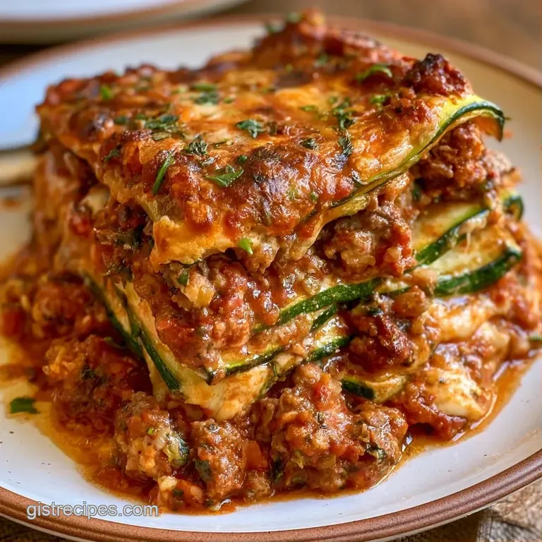 A square slice of cheesy beef and zucchini bake on a white plate, garnished with bright sprigs of fresh parsley.