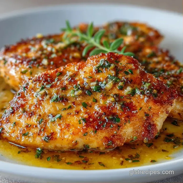 Sliced juicy chicken breast arranged on a white platter with steamed asparagus and a drizzle of lemon cream sauce.