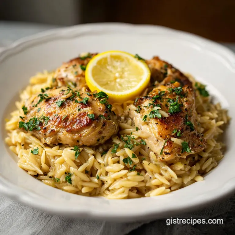 Bright, inviting plate with tender chicken, plump orzo glistening with lemon sauce, and fresh parsley garnish.