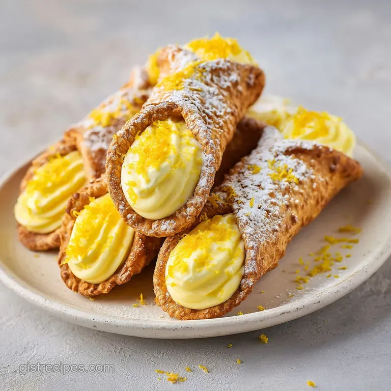 Three crispy pastry tubes filled with lemon cream, arranged on a white platter with fresh mint and zest accents.