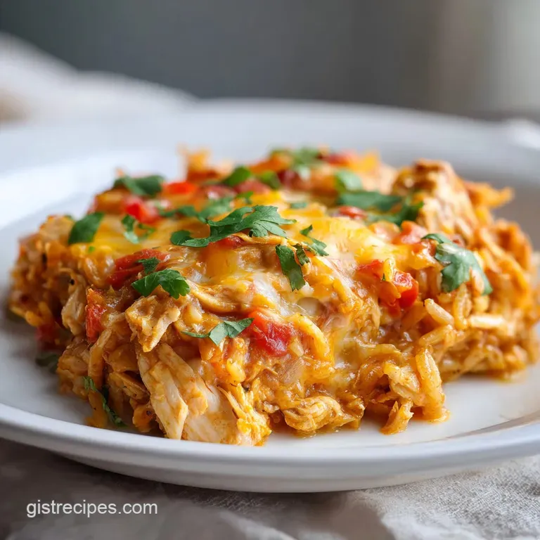 A scoop of savory chicken casserole with shredded cheese, served with a dollop of cool sour cream.