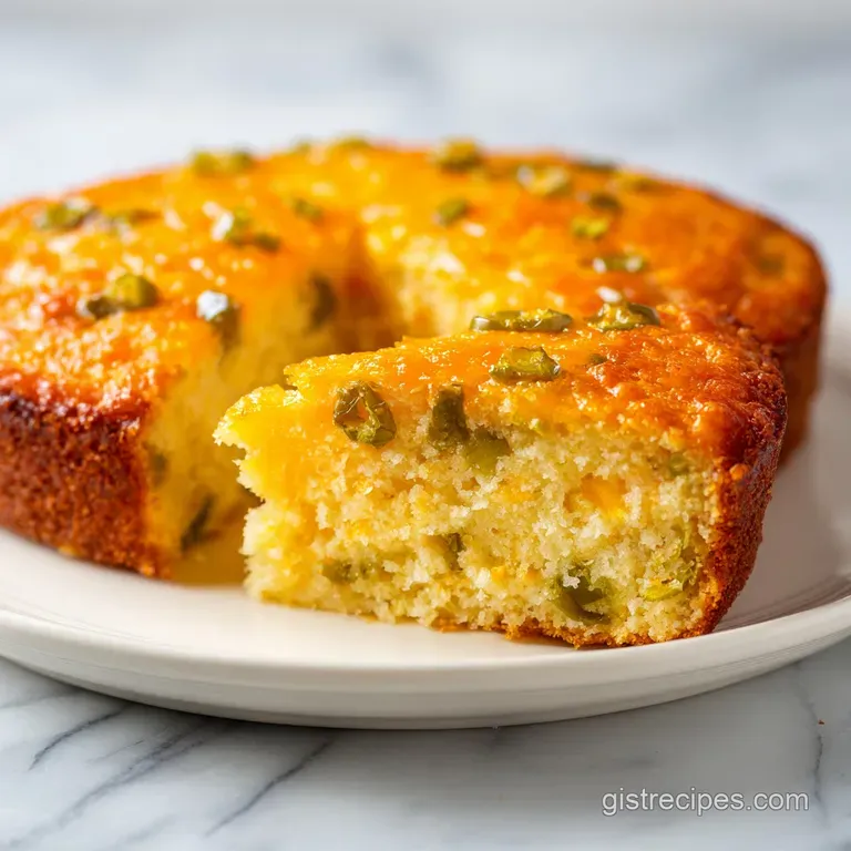 A thick slice of golden corn cake on a white ceramic plate, topped with melting butter and fresh green cilantro.