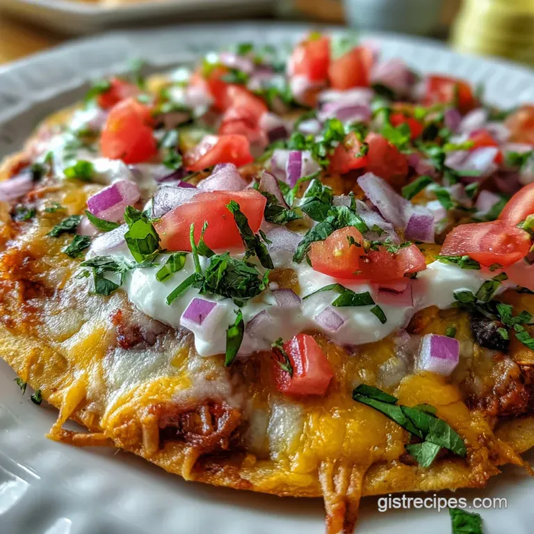 Slice of Mexican pizza on a white plate. Layers of seasoned beef, melted cheese, and colorful veggies offer a satisfying v...
