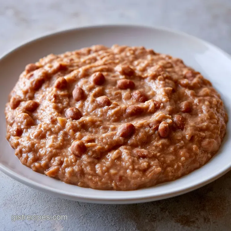 A smooth scoop of savory brown bean puree on a white plate beside warm corn tortillas and sliced radishes.