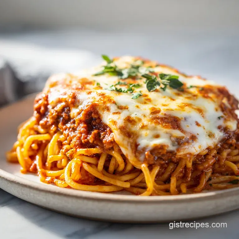A generous slice of cheesy pasta bake on a white plate, showing layers of creamy ricotta and savory red sauce