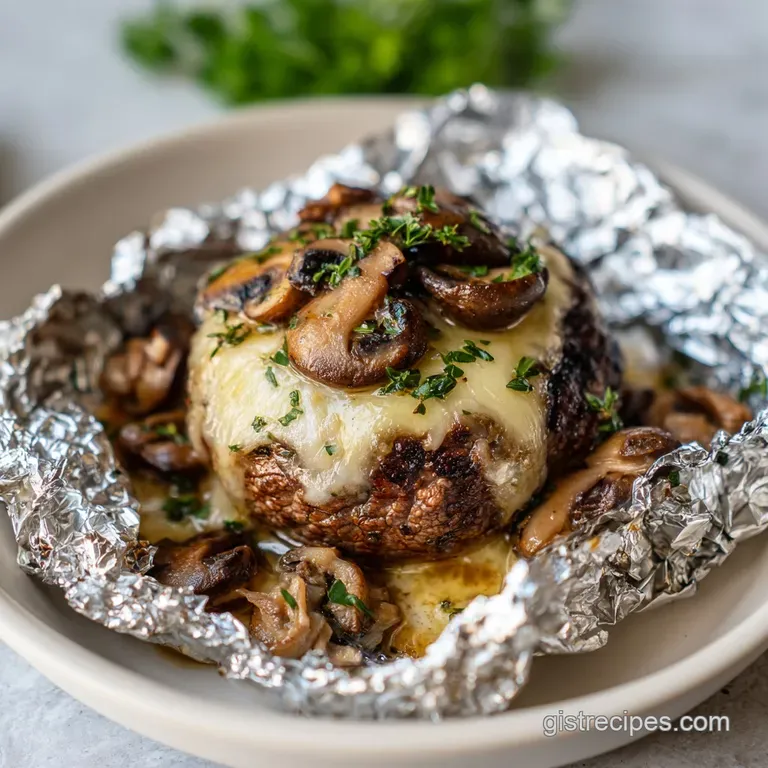 Four gourmet patties on a slate platter, topped with gooey cheese and earthy mushrooms beside fresh garden greens.