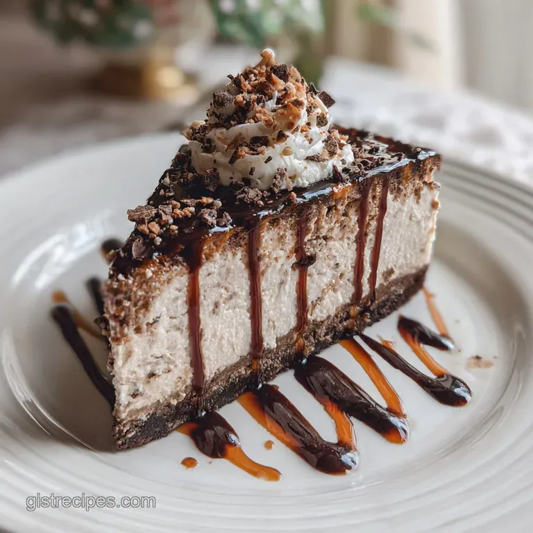 Slice of decadent chocolate cheesecake on a plate, dusted with cocoa. The smooth filling contrasts with the crunchy crust.