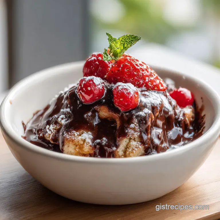 A rustic cast iron skillet overflowing with rich, dark chocolate cobbler, drizzled with caramel.