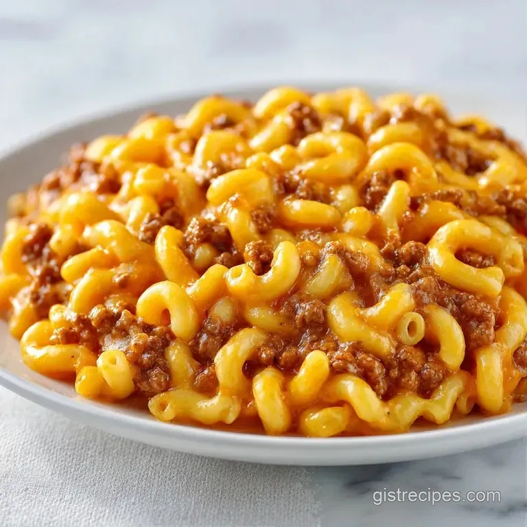 A white ceramic bowl filled with cheesy beef pasta, topped with sliced green onions and a sprinkle of parsley.