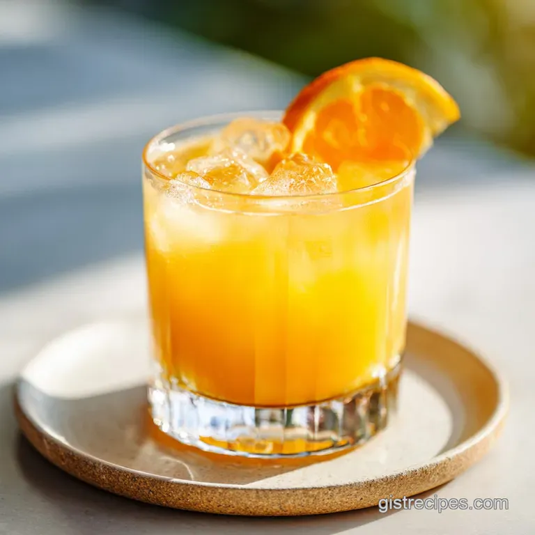 Elegant stemmed glass holding a bright orange cocktail, adorned with a juicy orange wedge. Condensation evokes a chilled s...