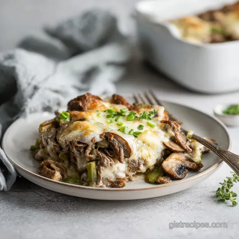 Hearty cheesesteak casserole portion topped with fresh green onions on a white plate.