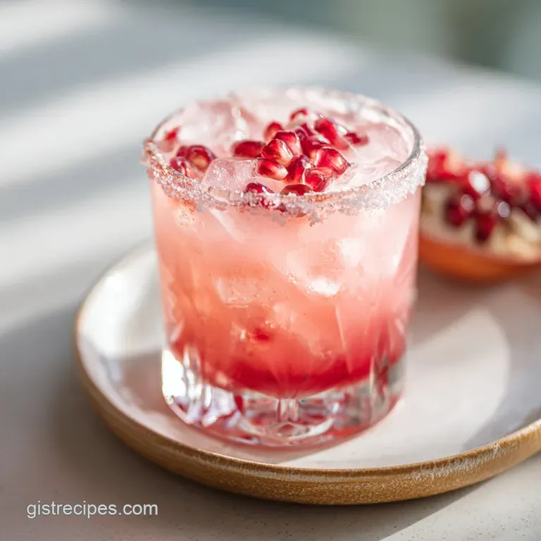 Elegant pomegranate margarita. Deep red cocktail in glass. Lime twist garnish. Festive, refreshing look.