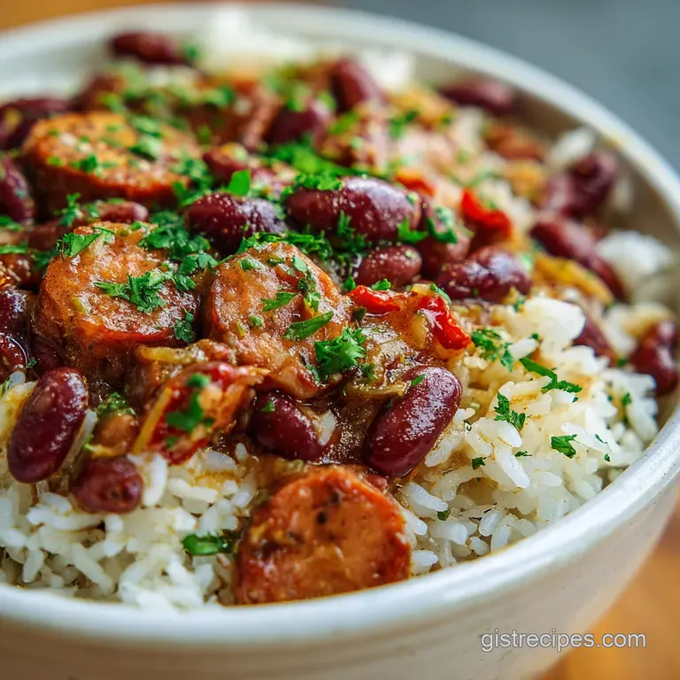 Close up of a scoop of red beans and rice, steam rising, garnished with a vibrant green scallion, hinting at smoky depth.