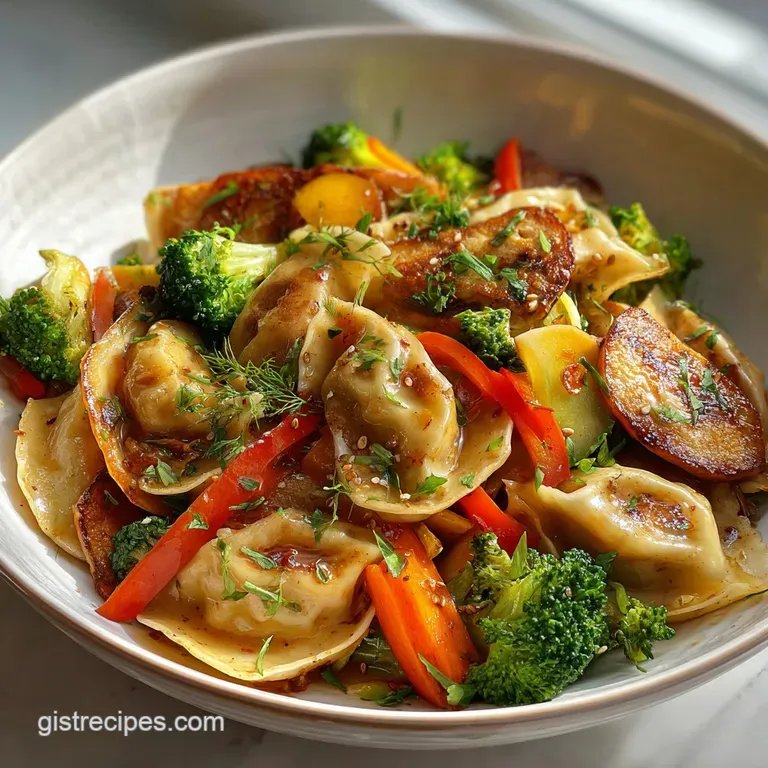Perfectly plated potsticker stir fry with a sprinkle of sesame seeds and a drizzle of sauce, ready to be devoured. Steamin...