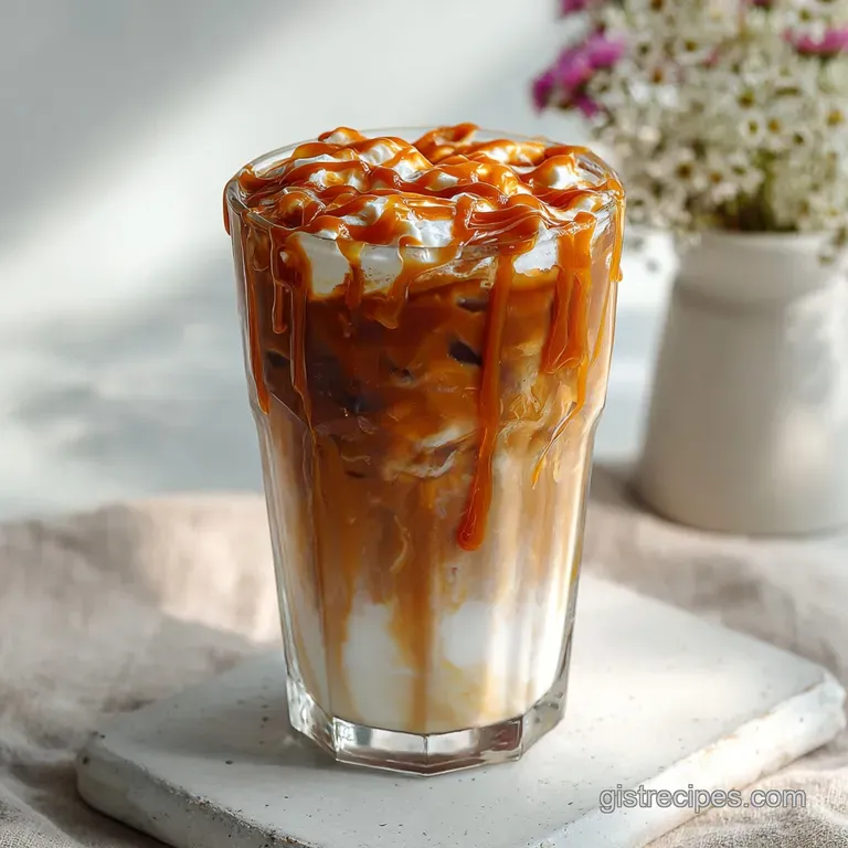 Caramel iced coffee in a sleek glass with a straw, adorned with a dusting of cocoa and coffee beans on a wooden surface.