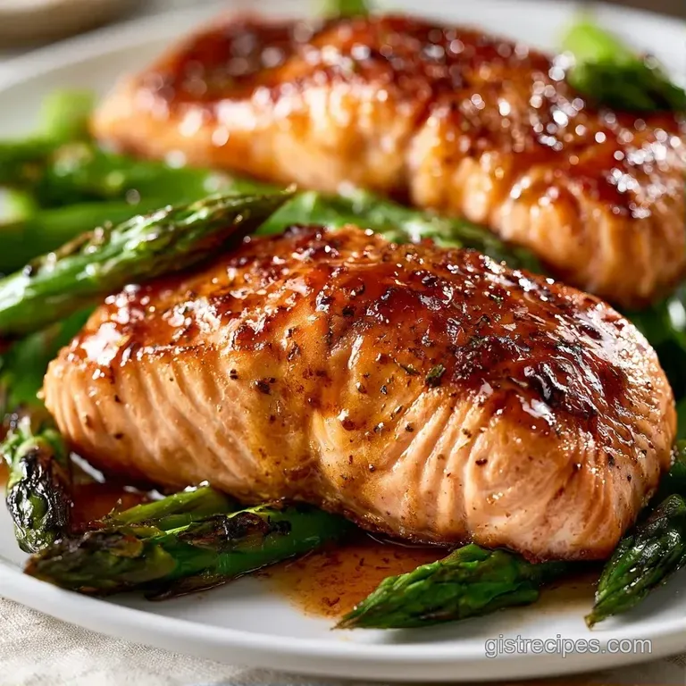 Perfectly plated salmon fillet resting on a swirl of creamy potatoes with vibrant green asparagus on a white plate.
