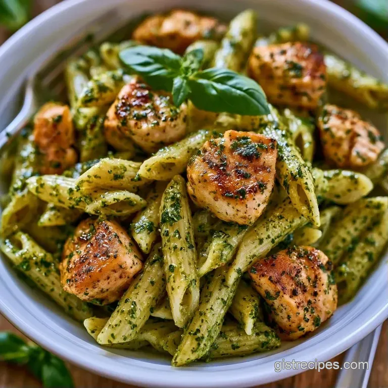 Twirled pasta coated in emerald sauce, topped with a fresh basil leaf and toasted pine nuts in a white ceramic bowl.