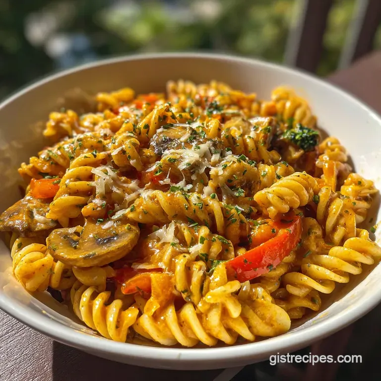 Elegant swirl of Rasta pasta, showcasing vibrant peppers, plump shrimp, & a glistening, creamy sauce on a white plate.
