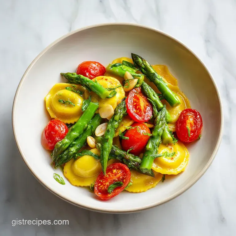 Neatly arranged pasta squares surrounded by vibrant green asparagus tips and blistered red tomatoes on a white plate.