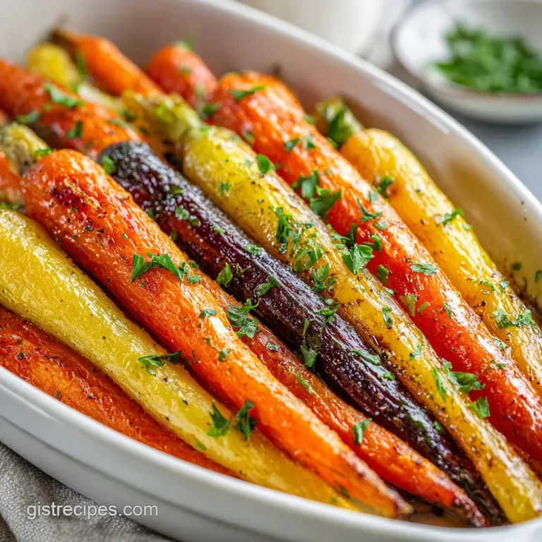 Tender roasted carrot sticks, dusted with fresh herbs, artfully arranged on a white ceramic plate.