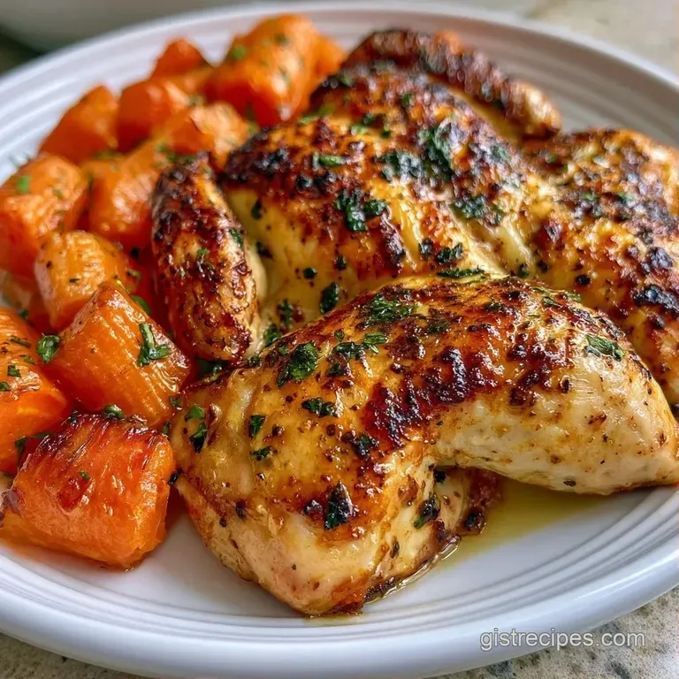 Sliced juicy poultry breast on a white plate with a glossy pan sauce drizzle and bright microgreen garnish.