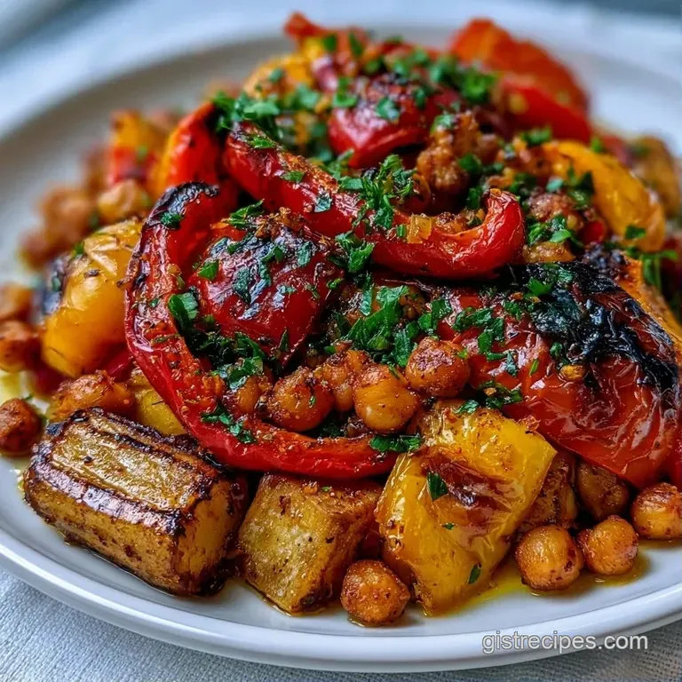 Vibrant roasted vegetables arranged on a white ceramic plate with a drizzle of balsamic glaze and fresh parsley