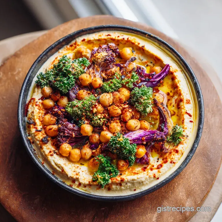A beautifully composed bowl with a swirl of hummus, colorful roasted root vegetables, and succulent chicken.
