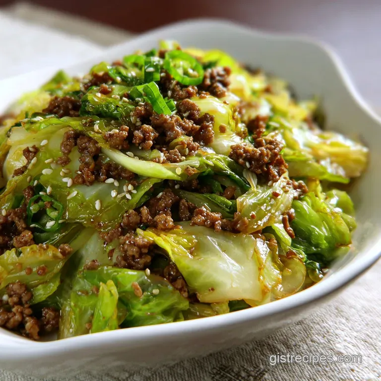 A vibrant mound of beef and cabbage, flecked with green onions, served in a steaming white bowl.