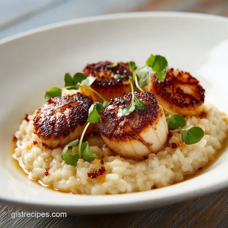 Perfectly seared scallops atop a swirl of creamy risotto, garnished with microgreens. An elegant, restaurant-worthy presen...