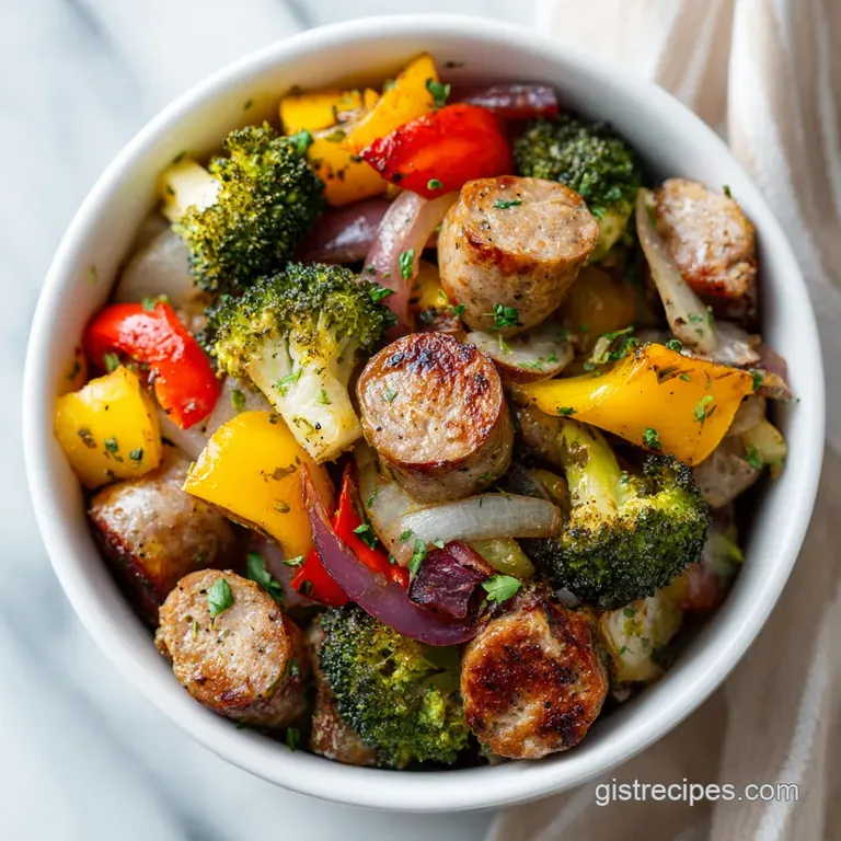 A rustic plate showcasing perfectly roasted sausage links nestled amongst colorful, tender vegetables.
